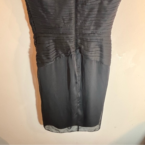 ADRIANNA PAPELL Sz 4 Sheath Midi Dress Faux Wrap Ruffles Sheer Ruching Zipper - Picture 7 of 10